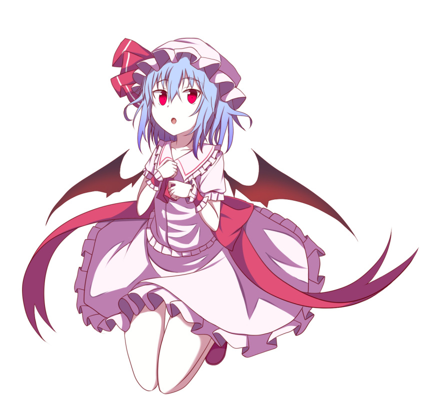 1girl :o bangs bat_wings blue_hair collarbone collared_dress cravat dress eyebrows_visible_through_hair frilled_cuffs frilled_dress frills full_body furagu hair_between_eyes hat highres legs_up looking_at_viewer mob_cap open_mouth red_eyes red_neckwear red_ribbon remilia_scarlet ribbon shoes short_hair simple_background solo touhou white_background white_dress wings wrist_cuffs
