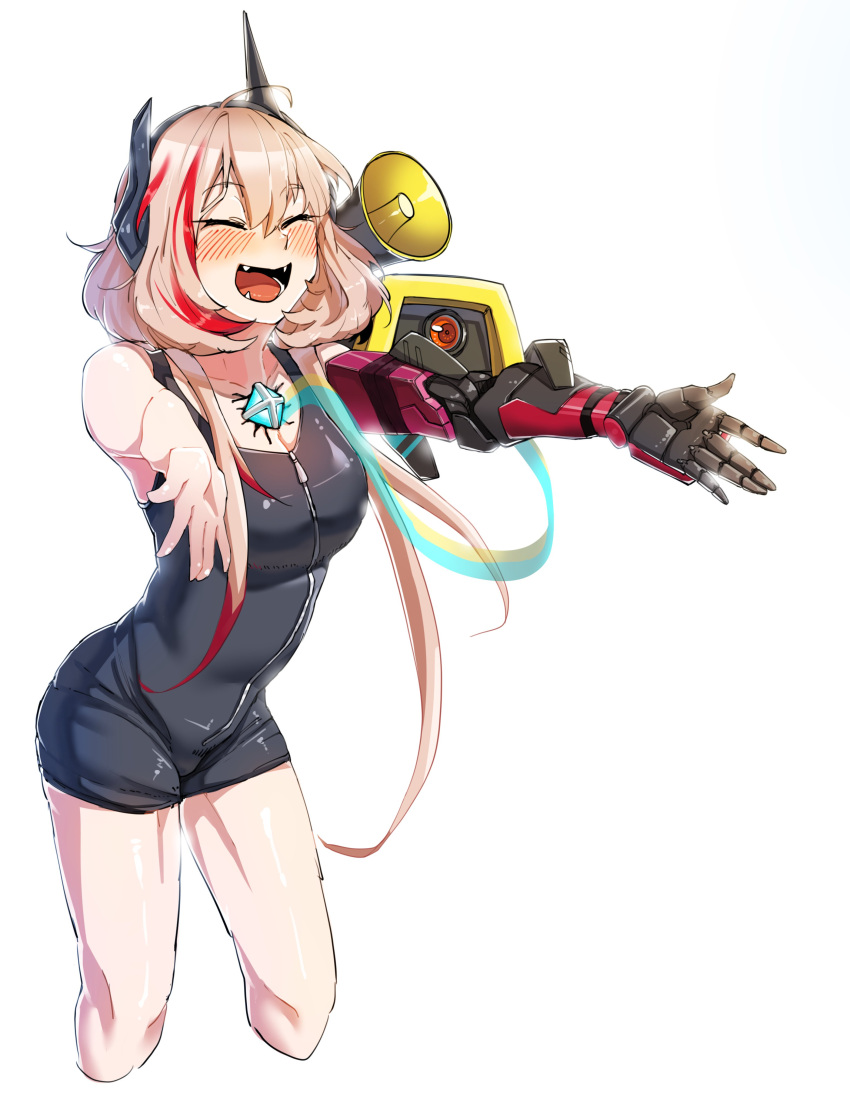 absurdres bangs bare_arms bare_legs blush breasts closed_eyes eyebrows_visible_through_hair girls_frontline hair_between_eyes headgear highres long_hair m4_sopmod_ii_(girls_frontline) mechanical_arm megaphone mod3_(girls_frontline) multicolored_hair open_mouth outstretched_arms pink_hair red_eyes redhead ro635_(dinergate) sd_bigpie small_breasts smile streaked_hair swimsuit thighs