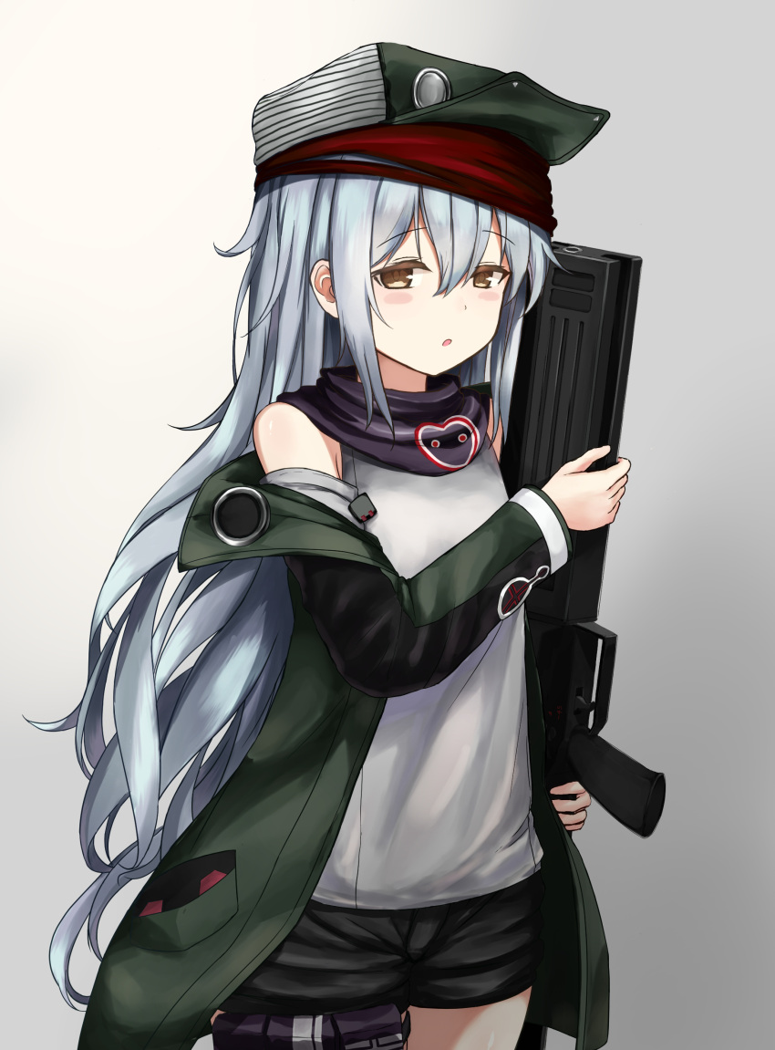 1girl absurdres bangs bare_shoulders black_scarf black_shorts blush coat core_(pusn3354) cowboy_shot eyebrows_visible_through_hair g11_(girls_frontline) girls_frontline green_jacket grey_hair gun hair_between_eyes half-closed_eyes hat highres holding holding_gun holding_weapon jacket long_hair looking_at_viewer open_clothes open_coat open_mouth parted_lips scarf shirt short_shorts shorts sidelocks sleeveless sleeveless_shirt solo weapon white_shirt yellow_eyes