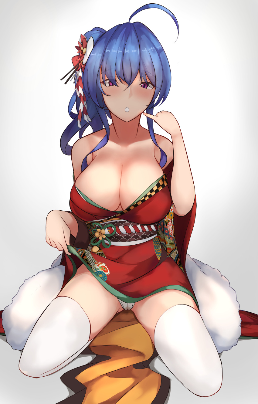 1girl absurdres ahoge azur_lane blue_hair blush breasts chinese_commentary cleavage clothes_lift commentary_request eyebrows_visible_through_hair flower hair_flower hair_ornament highres huge_filesize japanese_clothes kimono kimono_lift large_breasts looking_at_viewer panties pantyshot pantyshot_(sitting) short_kimono simple_background sitting solo st._louis_(azur_lane) thigh-highs underwear violet_eyes wariza white_legwear yusha_(m-gata)