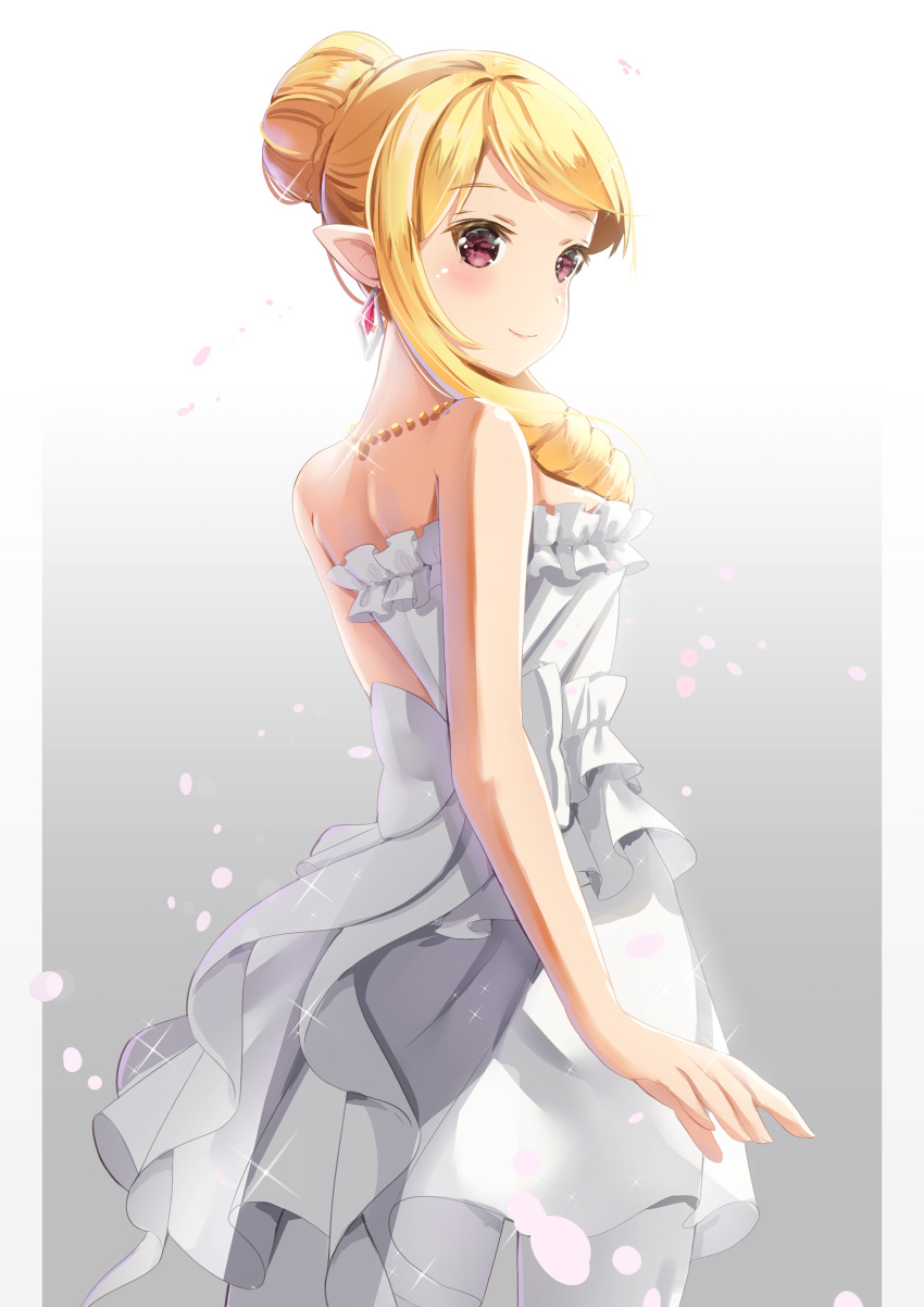 1girl absurdres bangs bare_arms bare_shoulders blonde_hair blush breasts closed_mouth commentary_request dress drill_hair earrings eromanga_sensei fingernails gradient gradient_background grey_background hair_bun highres holmemee jewelry long_hair looking_at_viewer looking_back pointy_ears red_eyes sidelocks small_breasts smile solo strapless strapless_dress white_background white_dress yamada_elf