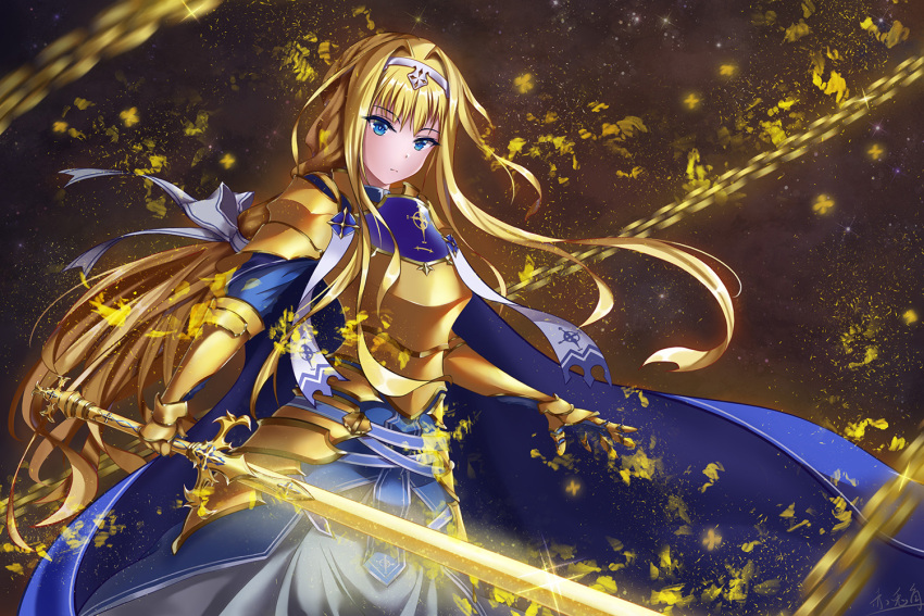 1girl alice_schuberg armor armored_dress blonde_hair blue_eyes chains eyebrows_visible_through_hair faulds floating_hair gauntlets hair_ribbon hairband holding holding_sword holding_weapon long_hair ribbon shiny shiny_hair solo standing sword sword_art_online vanitas_0 very_long_hair weapon white_hairband white_ribbon