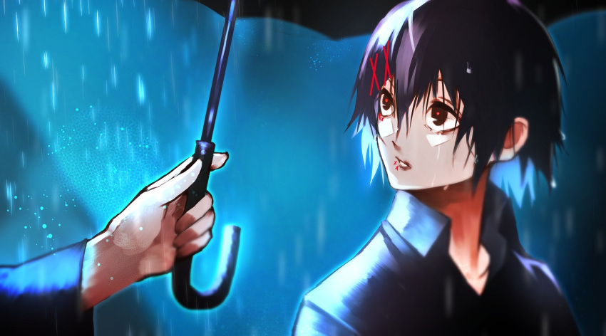 1boy 55level androgynous black_hair black_shirt commentary_request hair_between_eyes hair_ornament hairclip holding holding_umbrella looking_at_another male_focus out_of_frame rain red_eyes roman_numerals shirt short_hair solo_focus stitched_face stitches suzuya_juuzou tears tokyo_ghoul tokyo_ghoul:re umbrella water_drop wet wet_clothes wet_face wet_hair x_hair_ornament