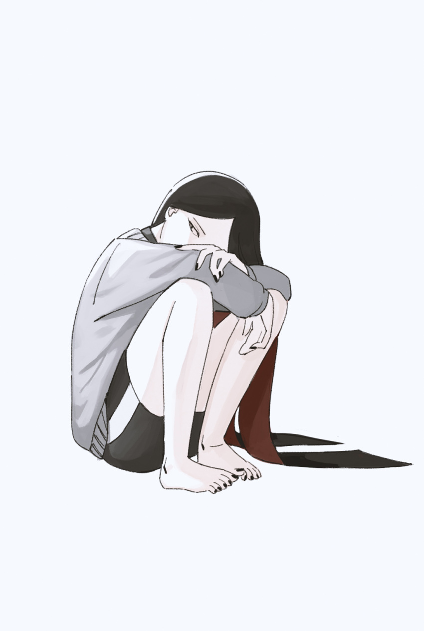 1other alternate_costume androgynous barefoot bike_shorts black_eyes black_hair bort casual contemporary full_body grey_background highres houseki_no_kuni knee_up long_hair mydeerwitch sitting solo sweater