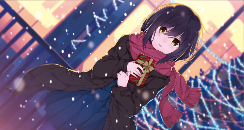 1girl bangs blue_skirt blue_vest box brown_eyes brown_hair brown_jacket christmas christmas_lights christmas_ornaments christmas_tree commentary_request dutch_angle eyebrows_visible_through_hair fringe_trim gift gift_box hair_between_eyes holding holding_gift jacket looking_at_viewer night nijisanji outdoors pantyhose parted_lips pleated_skirt purple_legwear railing red_scarf scarf shizuka_rin skirt skirt_set snowing solo taiyaki_(astre) vest virtual_youtuber window