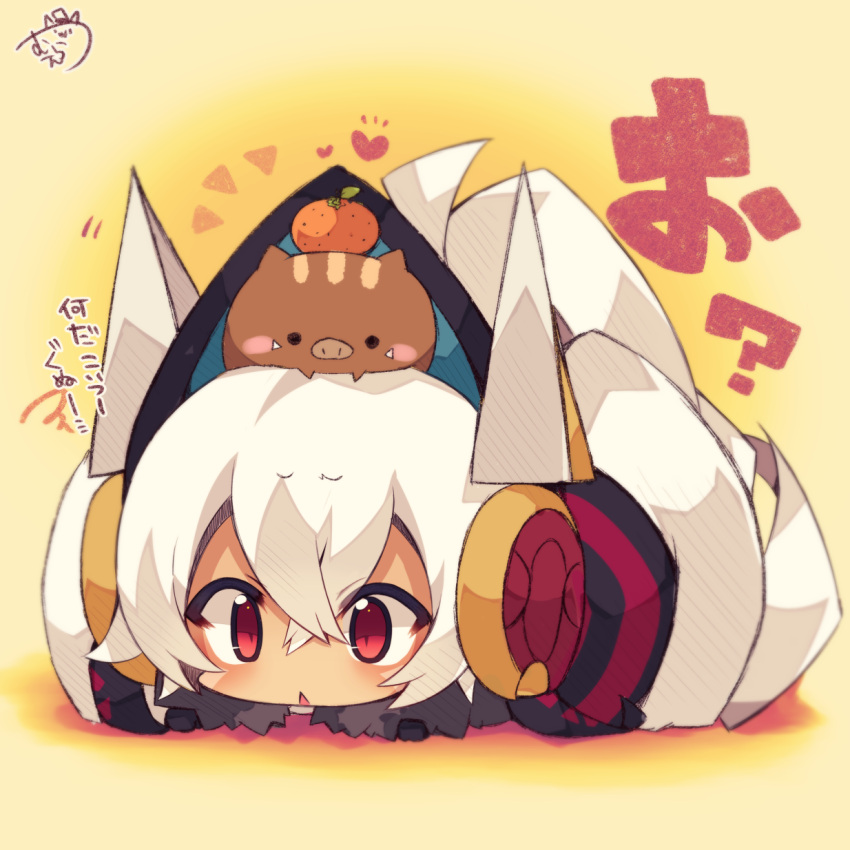 1girl :&lt; ahoge animal animal_on_head azur_lane bangs blush blush_stickers boar character_request chibi chinese_zodiac eyebrows_visible_through_hair food fruit fur_trim hair_between_eyes headgear heart highres lying mandarin_orange minneapolis_(azur_lane) muuran on_head on_stomach parted_lips red_eyes sidelocks signature solo translation_request triangle_mouth white_hair year_of_the_pig