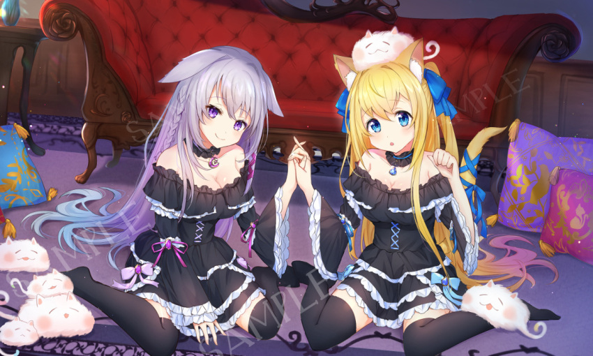 2girls absurdly_long_hair animal_ear_fluff animal_ears bangs bare_shoulders black_collar black_dress black_legwear blonde_hair blue_eyes blue_ribbon blush bow braid braiding_hair breasts carpet cleavage collar commission couch cross-laced_clothes cushion detached_collar dress ears_down eyebrows_visible_through_hair frilled_collar frilled_dress frilled_skirt frilled_sleeves frills full_body gothic_lolita hair_bow hair_ribbon hairdressing hand_holding indoors layered_skirt lolita_fashion long_hair long_sleeves looking_at_viewer medium_breasts multiple_girls no_shoes off-shoulder_dress off_shoulder omelet_tomato on_floor on_head open_mouth original paw_pose purple_hair purple_ribbon ribbon sample sidelocks single_braid sitting skirt smile tail tail_ribbon thigh-highs very_long_hair violet_eyes wariza wavy_hair wide_sleeves zettai_ryouiki