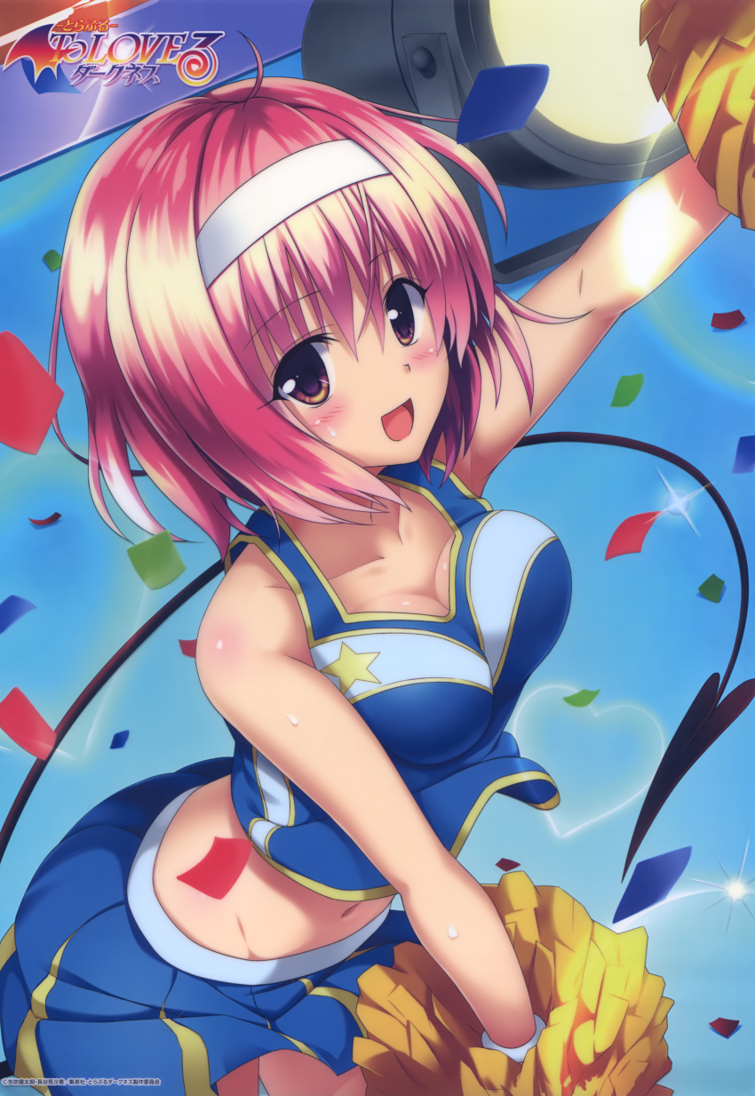 1girl :d absurdres ahoge arm_up bangs blue_shirt blue_skirt blush breasts brown_eyes cheerleader cleavage collarbone copyright_name eyebrows_visible_through_hair from_above groin hair_between_eyes highres looking_at_viewer medium_breasts midriff miniskirt momo_velia_deviluke navel open_mouth pink_hair pleated_skirt pom_poms shiny shiny_skin shirt short_hair skirt sleeveless sleeveless_shirt smile solo standing stomach tail to_love-ru white_headband
