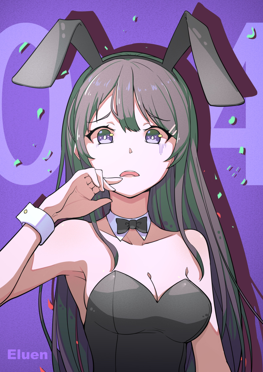 1girl absurdres animal_ears artist_name bare_shoulders black_hairband black_leotard black_neckwear breasts bunnysuit choker cleavage collarbone disgust fake_animal_ears female grey_hair hairband highres leotard long_hair looking_at_viewer medium_breasts neck open_mouth rabbit_ears ryrdcaw sakurajima_mai seishun_buta_yarou solo strapless strapless_leotard upper_body very_long_hair violet_eyes wrist_cuffs