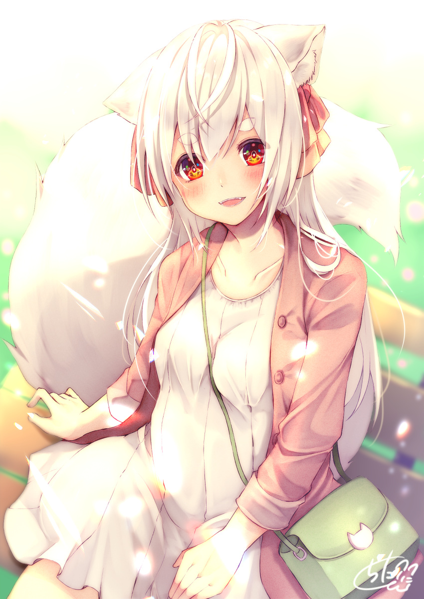 1girl :d animal_ear_fluff animal_ears bag bench blurry blurry_background blush bow breasts chita_(ketchup) commentary_request day depth_of_field dress fox_ears fox_girl fox_tail hair_bow head_tilt highres jacket long_hair long_sleeves looking_at_viewer on_bench open_clothes open_jacket open_mouth original outdoors park_bench pink_jacket red_bow red_eyes short_eyebrows shoulder_bag signature sitting small_breasts smile solo sunlight tail tail_raised thick_eyebrows very_long_hair white_dress white_hair