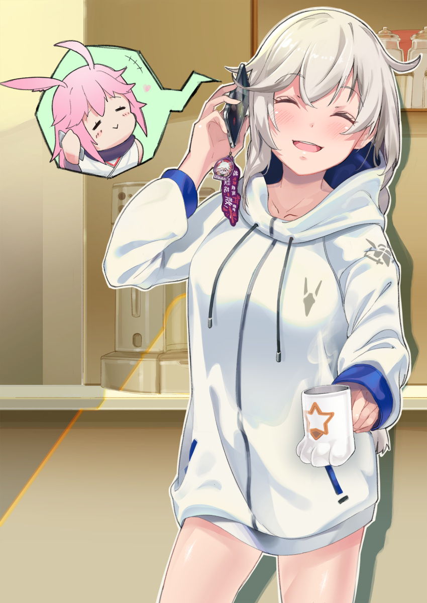 2girls :&gt; blush braid cellphone coffee coffee_mug commentary_request cup drinking_glass hair_between_eyes happy highres holding holding_cellphone holding_cup holding_phone honkai_(series) honkai_impact_3 hood hoodie indoors kallen_kaslana long_hair long_sleeves mug multiple_girls open_mouth phone silver_hair single_braid smartphone smile spoken_person steam suppa_(hagakuresuppa) talking_on_phone yae_sakura_(honkai_impact)