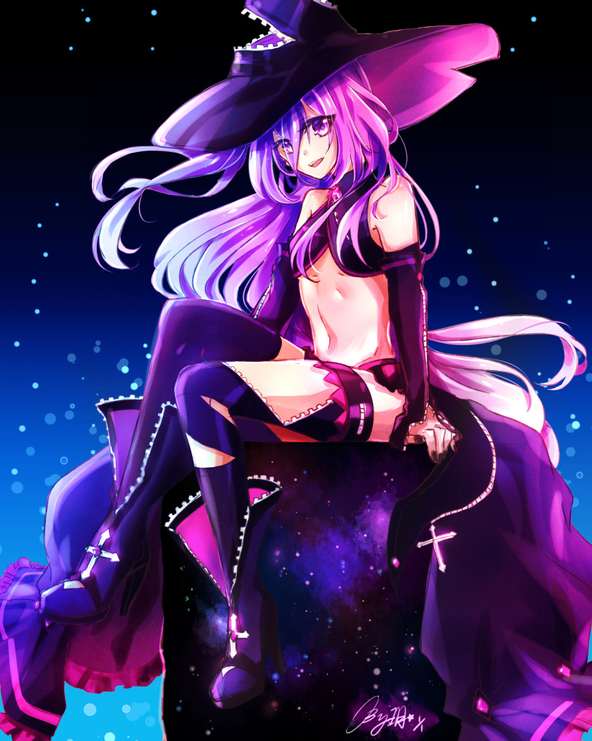 1girl :d absurdres aisha_(elsword) asymmetrical_legwear black_hat black_nails black_sleeves boots breasts dealychater detached_sleeves elsword eyes_visible_through_hair floating_hair frilled_boots frills hair_between_eyes hat high_heel_boots high_heels highres long_hair long_sleeves midriff nail_polish navel open_mouth oz_sorcerer_(elsword) pink_hair purple_footwear purple_legwear sitting small_breasts smile solo stomach thigh-highs under_boob very_long_hair violet_eyes witch_hat