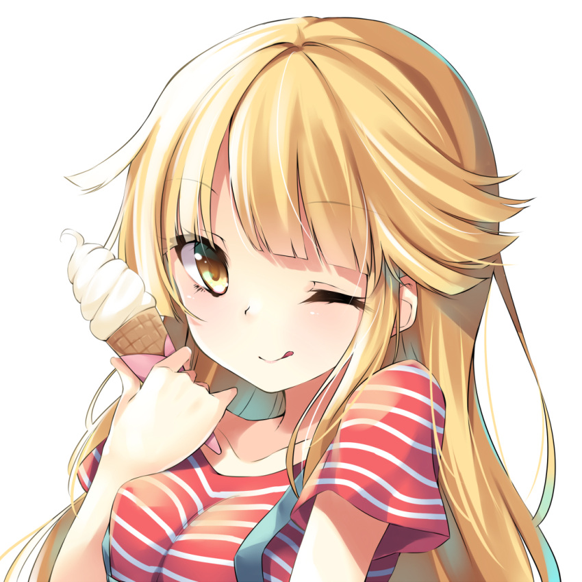 1girl ;q bang_dream! bangs blonde_hair breasts chiyonekoko collarbone food hand_on_own_chest holding holding_food ice_cream_cone long_hair looking_at_viewer one_eye_closed red_shirt shirt simple_background small_breasts smile solo striped striped_shirt tongue tongue_out tsurumaki_kokoro upper_body white_background yellow_eyes