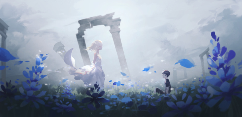 1boy 1girl bayinxie black_hair blonde_hair child dress field final_fantasy final_fantasy_xv flower lunafreya_nox_fleuret noctis_lucis_caelum petals ruins sylleblossom white_dress younger