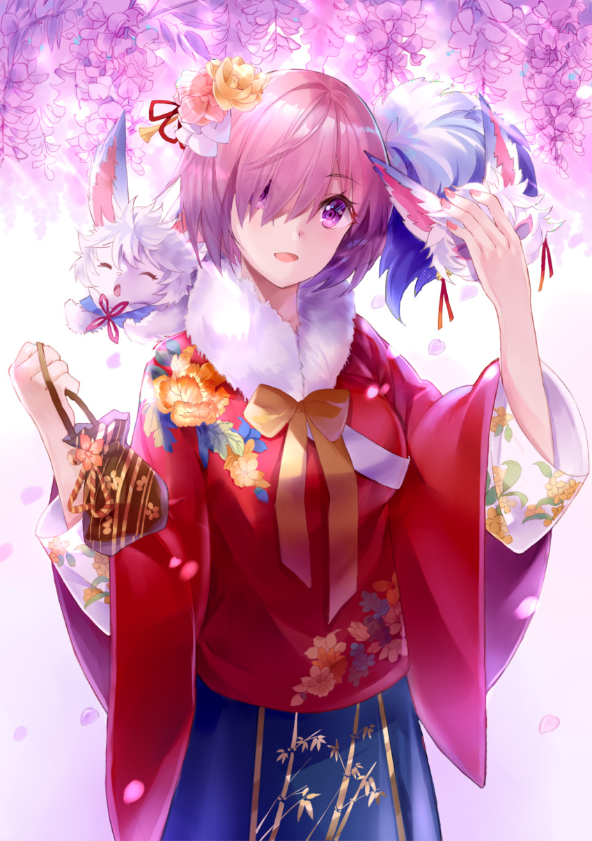 1girl :d amicis_(amisic) bag blue_hakama bow breasts closed_eyes commentary_request cowboy_shot creature eyebrows_visible_through_hair eyes_visible_through_hair facing_viewer fate/grand_order fate_(series) floral_print flower fou_(fate/grand_order) fur_collar gradient gradient_background hair_flower hair_ornament hair_over_one_eye hakama hand_up head_tilt highres holding holding_bag holding_mask japanese_clothes kimono long_sleeves looking_at_viewer mash_kyrielight mask mask_removed medium_breasts nail_polish open_mouth orange_bow petals pink_flower pink_nails print_kimono red_kimono short_hair smile violet_eyes white_background wide_sleeves yellow_flower