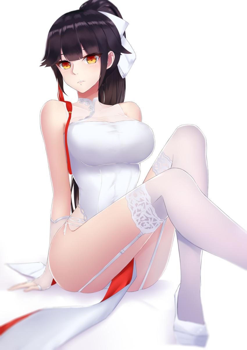 1girl absurdres arm_support ass azur_lane bangs bare_shoulders black_hair bow breasts china_dress chinese_clothes dress fingerless_gloves flower garter_straps gloves hair_bow hair_flower hair_ornament heart heart-shaped_pupils high_heels highres large_breasts leg_up liangfen232 long_hair looking_at_viewer panties pantyshot pantyshot_(sitting) parted_lips pelvic_curtain ponytail see-through shiny shiny_hair shoes side-tie_panties sitting solo symbol-shaped_pupils takao_(azur_lane) takao_(spring_learning)_(azur_lane) thigh-highs thighs underwear very_long_hair white_background white_bow white_dress white_footwear white_legwear white_panties yellow_eyes