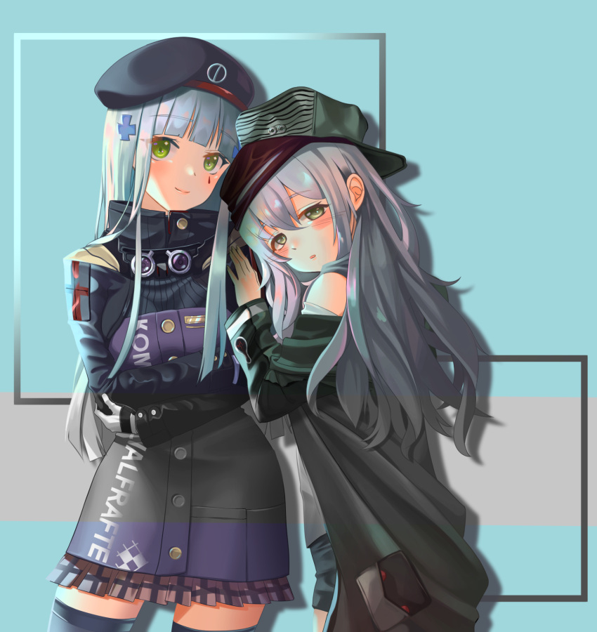 bangs beret black_hat black_legwear black_shorts blunt_bangs blush coat eyebrows_visible_through_hair facial_mark g11_(girls_frontline) girls_frontline gonzz_(gon2rix) green_eyes green_hat green_jacket grey_hair hair_ornament hat highres hk416_(girls_frontline) jacket long_hair messy_hair open_clothes open_coat parted_lips plaid plaid_skirt scarf_on_head shorts shoulder_cutout silver_hair skirt smile teardrop thigh-highs zettai_ryouiki