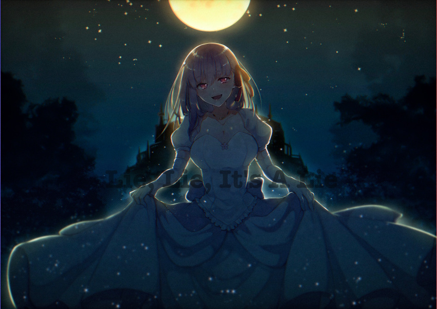 absurdres back_bow backlighting bangs blush bow breasts castle cleavage collarbone commentary_request dress elbow_gloves english_text fate/stay_night fate_(series) gloves hair_ribbon head_tilt heaven's_feel highres huge_filesize jewelry large_breasts long_hair looking_at_viewer marei_(mercy) matou_sakura moon moonlight necklace night night_sky open_mouth outdoors puffy_short_sleeves puffy_sleeves purple_hair red_eyes red_ribbon ribbon short_sleeves skirt_hold sky smile star_(sky) starry_sky tree white_dress white_gloves