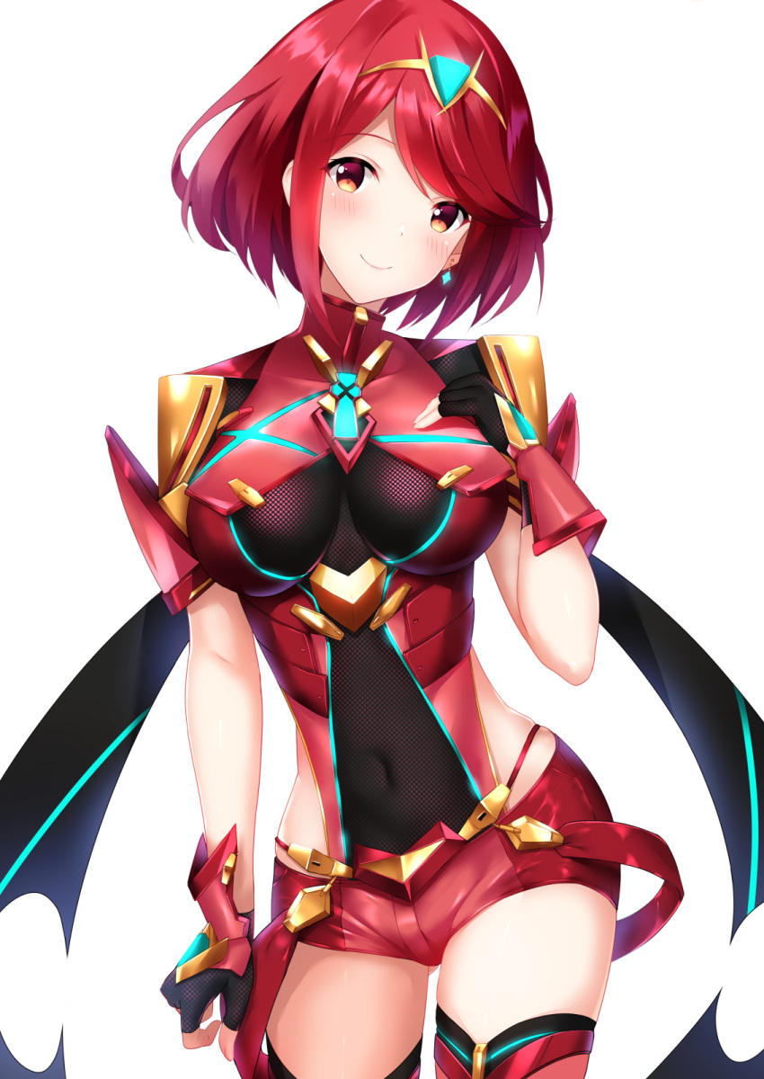 1girl bangs black_gloves blush breasts brown_eyes closed_mouth cocona commentary_request covered_collarbone covered_navel cowboy_shot earrings eyebrows_visible_through_hair fingerless_gloves gloves hand_up head_tilt headpiece highres pyra_(xenoblade) jewelry leotard medium_breasts nintendo red_leotard red_shorts redhead short_hair short_shorts shorts simple_background smile solo white_background xenoblade_(series) xenoblade_2