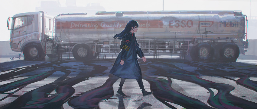 1girl armband backpack bag black_eyes black_footwear black_hair closed_mouth coat day full_body ground_vehicle highres long_coat long_hair motor_vehicle oil original outdoors profile reoen shoes solo tank_truck walking