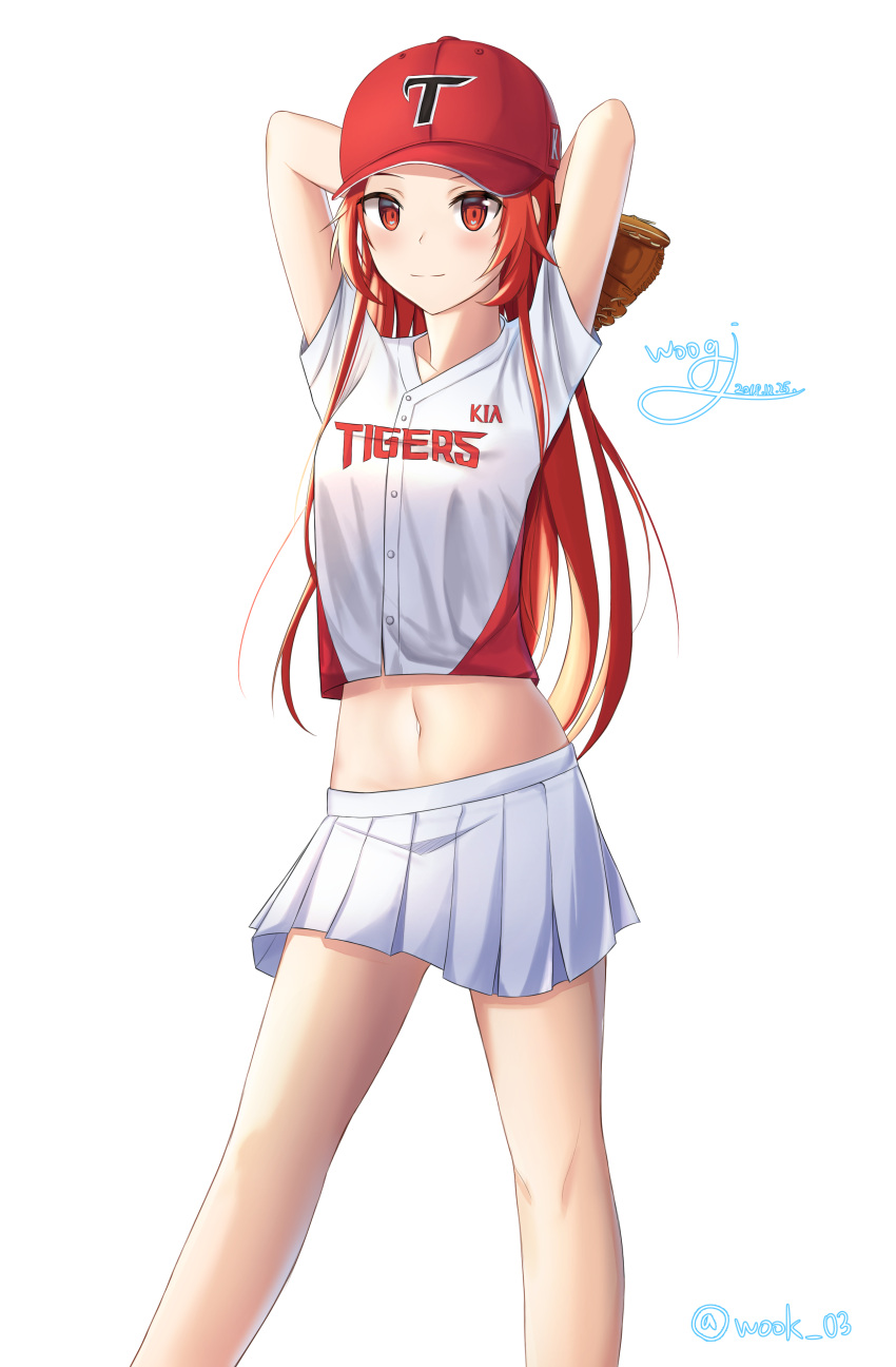 1girl 2018 absurdres arms_up baseball_cap baseball_glove baseball_uniform blush breasts dated dress dress_shirt hat highres long_hair looking_at_viewer medium_breasts miniskirt navel pleated_skirt print_shirt red_eyes redhead shirt short_sleeves signature simple_background skirt smile solo sportswear standing stomach sword_art_online tiese_schtrinen twitter_username very_long_hair white_background white_dress white_skirt wook_03