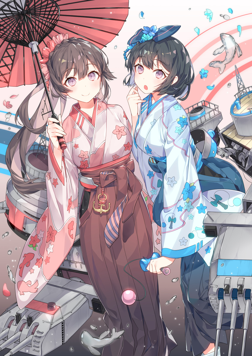 2girls :o ball blue_background blue_bow blue_flower blue_hakama blue_kimono blush bow breasts brown_background brown_hair brown_hakama character_request closed_mouth commentary_request floral_print flower hair_bow hair_flower hair_ornament hakama hand_up highres holding holding_umbrella japanese_clothes kimono long_hair long_sleeves machinery medium_breasts multiple_girls oriental_umbrella parted_lips petals pink_flower print_kimono red_flower red_kimono red_umbrella ronopu short_kimono smile steelblue_mirage temari_ball umbrella very_long_hair white_background wide_sleeves
