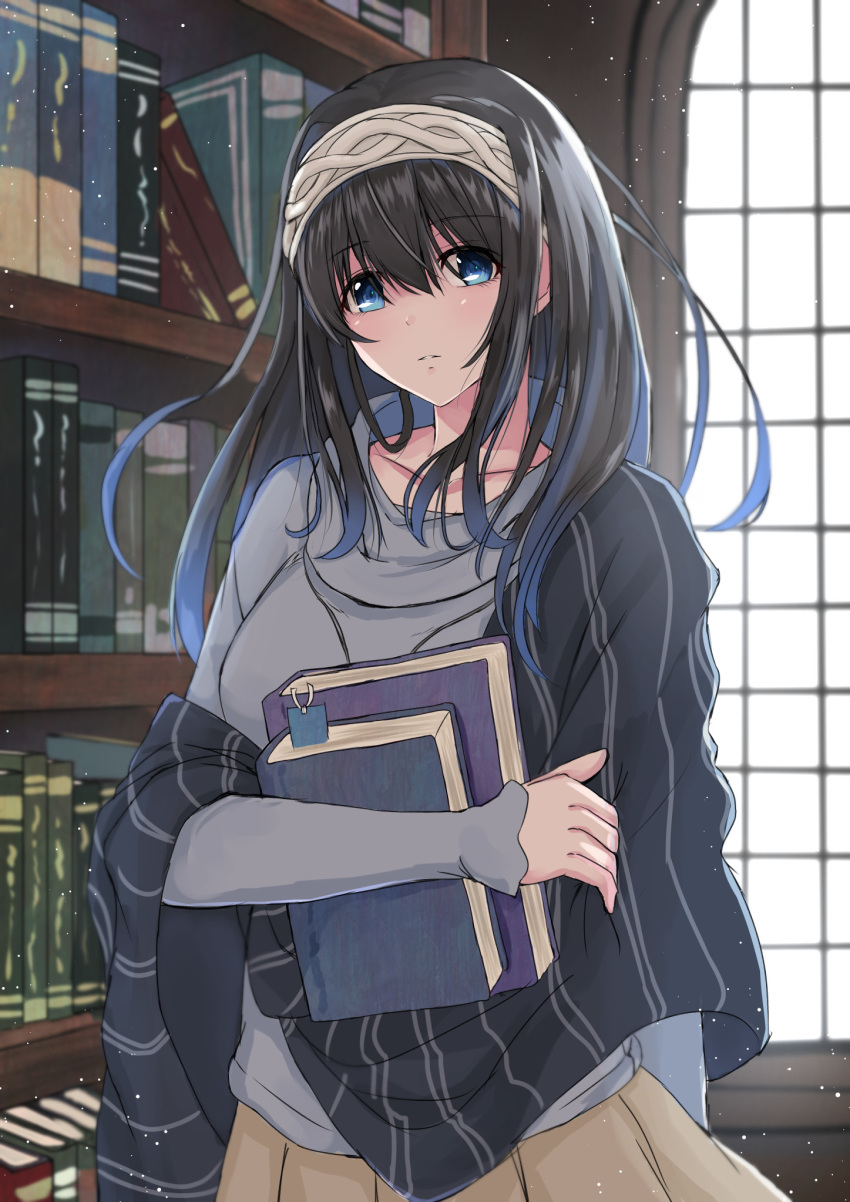 1girl bangs beige_skirt black_hair blue_eyes blue_sweater book bookshelf breasts closed_mouth collarbone edelweiss_(wsparkz) hair_between_eyes hairband highres holding holding_book idolmaster idolmaster_cinderella_girls jewelry large_breasts long_hair long_sleeves looking_at_viewer necklace sagisawa_fumika shawl skirt solo sweater window