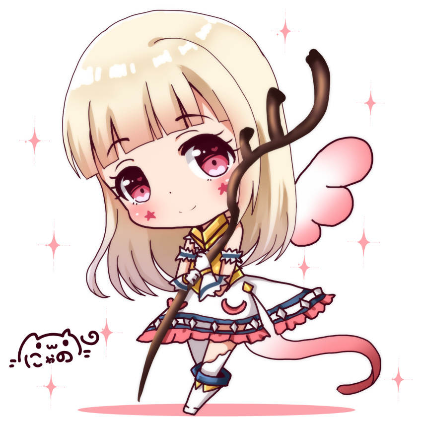 1girl bangs bare_shoulders blonde_hair blunt_bangs blush boots chibi closed_mouth commentary_request copyright_request dress eyebrows_visible_through_hair facial_mark frilled_dress frills gloves head_tilt highres holding holding_staff knee_boots long_hair looking_at_viewer mini_wings nyano21 pink_wings red_eyes shadow sleeveless sleeveless_dress smile solo sparkle staff star tail thigh-highs white_background white_dress white_footwear white_gloves white_legwear wings