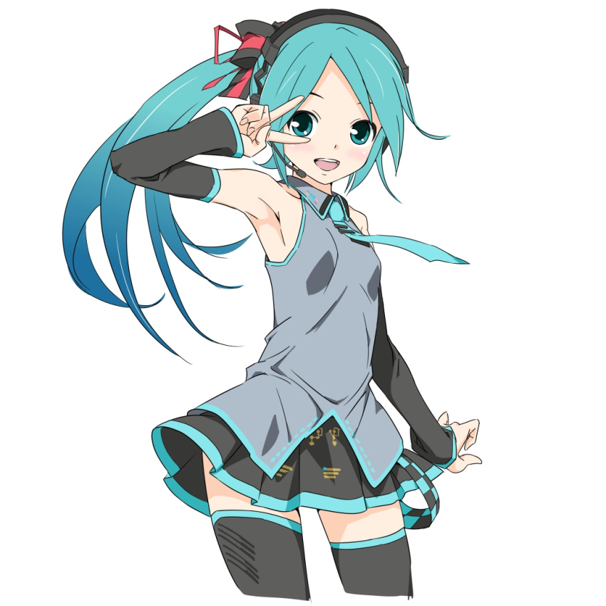 1girl :d aqua_eyes aqua_hair armpits bare_shoulders blush bow breasts commentary cowboy_shot detached_sleeves gradient_hair hair_bow hand_over_eye hatsune_miku headset long_hair looking_at_viewer multicolored_hair necktie open_mouth ponytail small_breasts smile solo soukun_s thigh-highs v v_over_eye vocaloid vocaloid_(lat-type_ver) white_background zettai_ryouiki