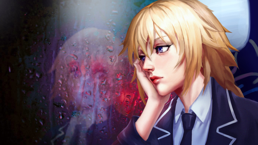 1girl bangs black_neckwear blonde_hair blue_eyes blue_jacket closed_mouth collared_shirt face fate/apocrypha fate_(series) hair_between_eyes hand_on_own_cheek highres jacket jeanne_d'arc_(fate) jeanne_d'arc_(fate)_(all) long_hair portrait rain red_lips reflection shirt simonsi sleeves_rolled_up water_drop white_shirt window