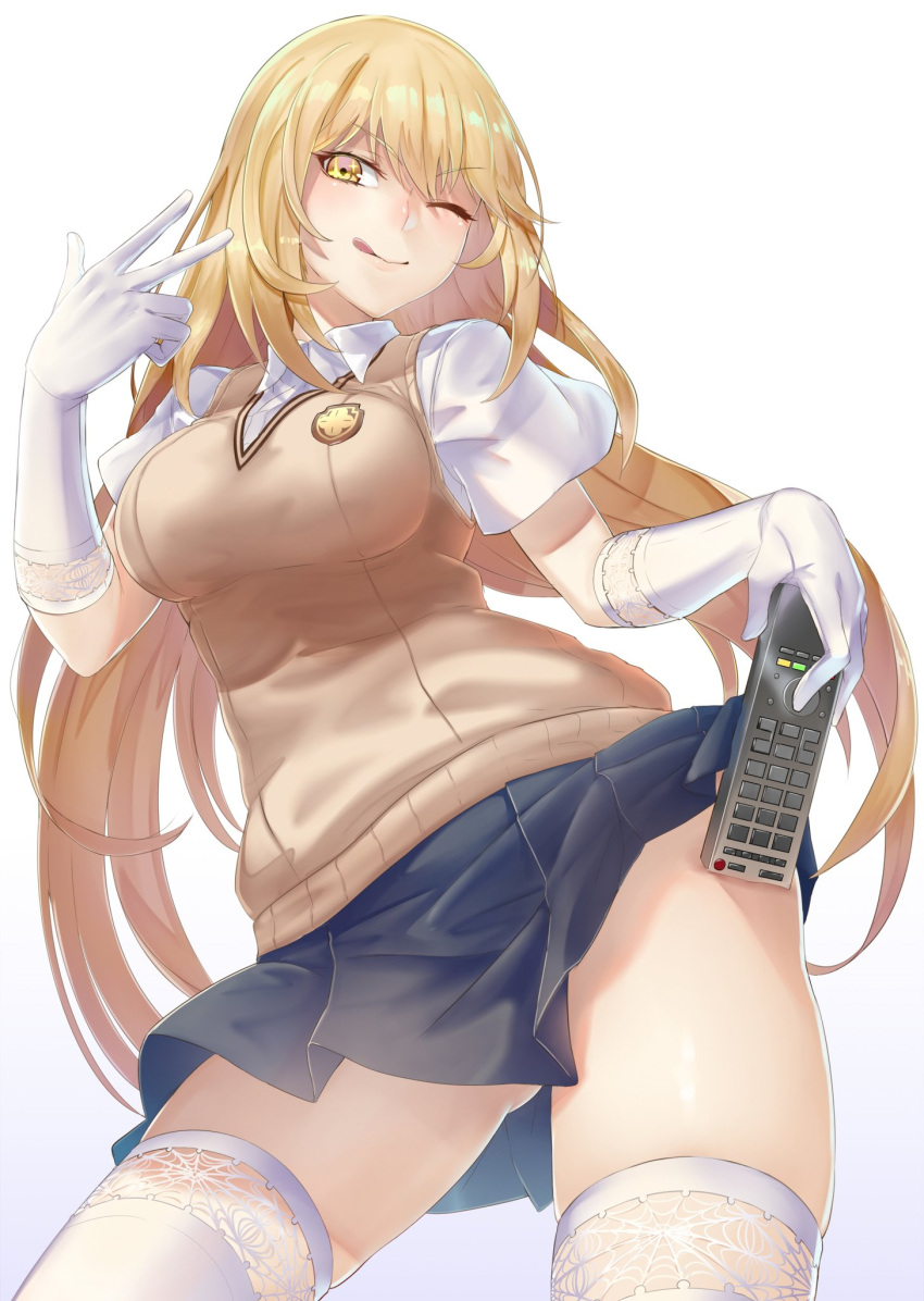 +_+ 1girl ;9 blonde_hair blush breasts contrapposto controller elbow_gloves eyebrows_visible_through_hair gloves highres holding_remote jikeshi large_breasts long_hair looking_at_viewer one_eye_closed pleated_skirt remote_control school_uniform shokuhou_misaki short_sleeves simple_background skirt smile solo spider_web_print sweater_vest symbol-shaped_pupils thigh-highs thighs to_aru_majutsu_no_index tongue tongue_out w white_background white_gloves white_legwear yellow_eyes