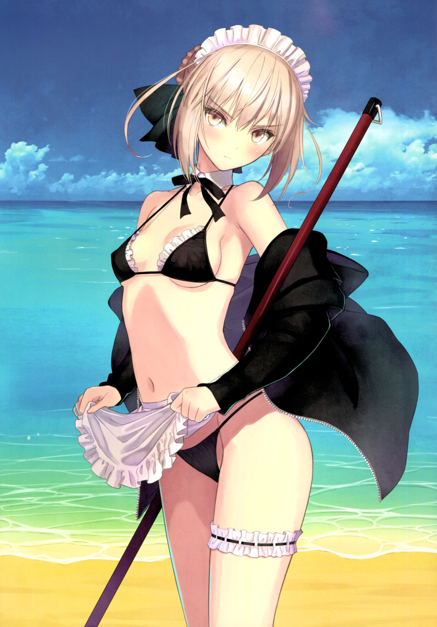 1girl absurdres apron artoria_pendragon_(all) artoria_pendragon_(swimsuit_rider_alter) bangs bare_shoulders beach bikini black_bikini blue_sky blush bow bowtie closed_mouth clouds cloudy_sky day eyebrows_visible_through_hair fate/grand_order fate_(series) highres long_sleeves looking_at_viewer maid maid_apron maid_headdress navel ocean off_shoulder outdoors pale_skin scan serious sky solo swimsuit tanaka_takayuki thigh_strap water