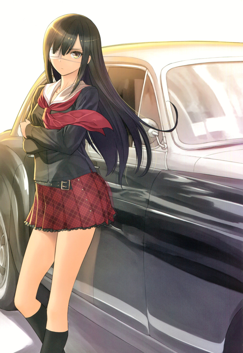 1girl absurdres bangs belt black_hair black_legwear breasts brown_eyes car closed_mouth crossed_arms eyepatch frills ground_vehicle highres long_hair long_sleeves looking_at_viewer medium_breasts motor_vehicle pleated_skirt red_skirt reflection scan school_uniform serafuku shiny shiny_hair sidelocks simple_background sister_blood skirt socks solo tanaka_takayuki