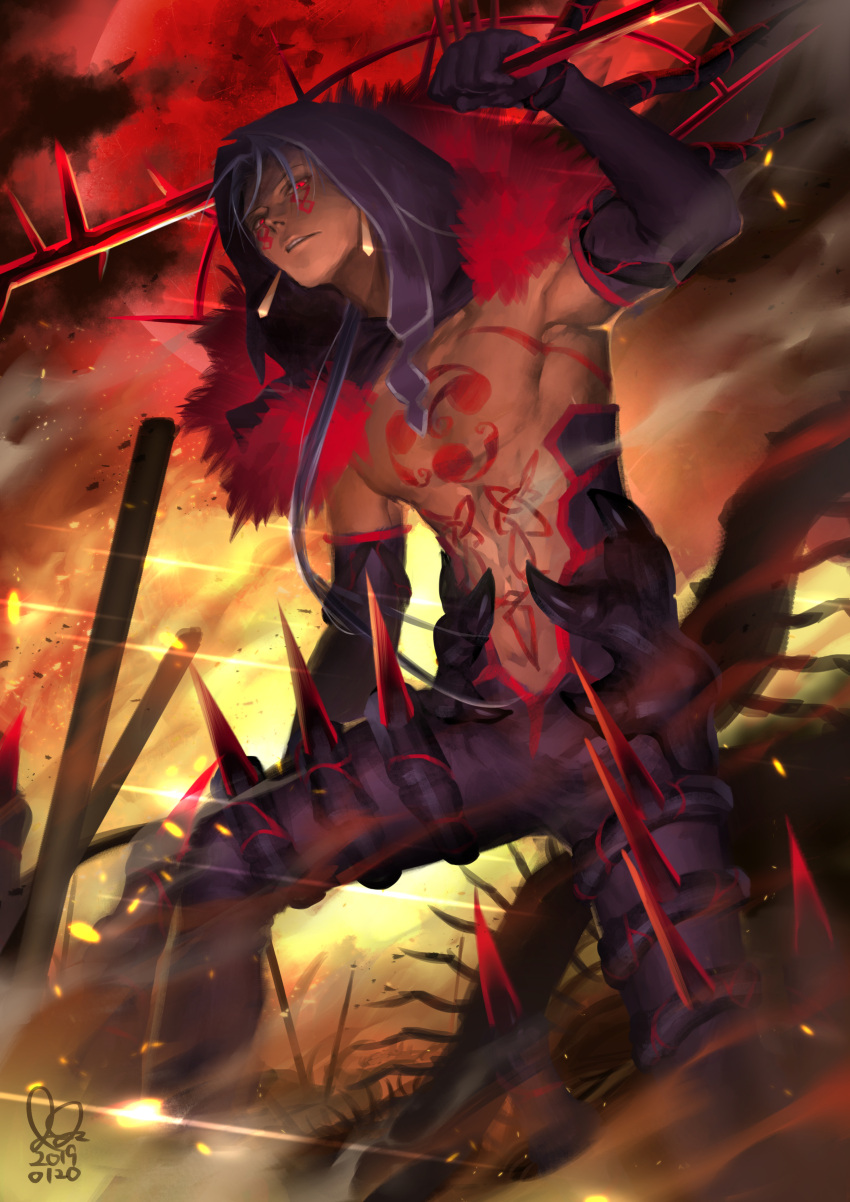 1boy absurdres black_gloves blue_hair chest_tattoo cropped_legs cu_chulainn_alter_(fate/grand_order) dated earrings elbow_gloves expressionless facial_mark fate/grand_order fate_(series) gae_bolg gloves highres holding holding_spear holding_weapon hood hutagi_rouka jewelry lancer long_hair looking_at_viewer male_focus monster_boy moon polearm red_eyes red_moon shirtless signature solo spear spikes tail tattoo weapon