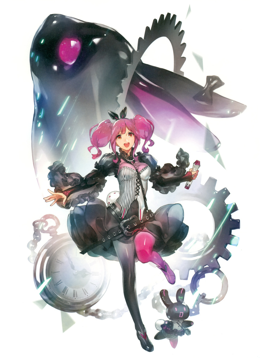 1girl :d absurdres black_legwear black_skirt boots full_body gears hair_ornament highres holding holding_microphone leg_up long_hair macross macross_delta microphone mita_chisato open_mouth orange_eyes outstretched_arms pantyhose pink_hair pink_legwear reina_prowler scan shiny shiny_clothes shrug_(clothing) skirt smile solo standing standing_on_one_leg twintails white_background