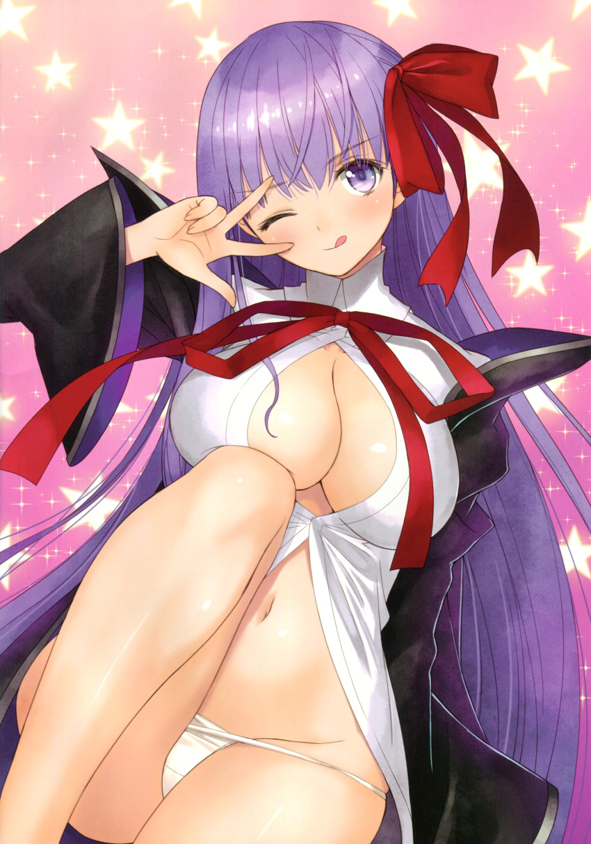 1girl absurdres bangs bb_(fate)_(all) bb_(fate/extra_ccc) blush bow breasts buttons cleavage eyebrows_visible_through_hair fate/extra fate/extra_ccc fate/grand_order fate_(series) hair_bow highres large_breasts long_hair long_sleeves looking_at_viewer navel one_eye_closed panties purple_hair scan shiny shiny_hair shirt sitting smile solo star starry_background tanaka_takayuki tongue tongue_out underwear violet_eyes white_panties white_shirt wide_sleeves