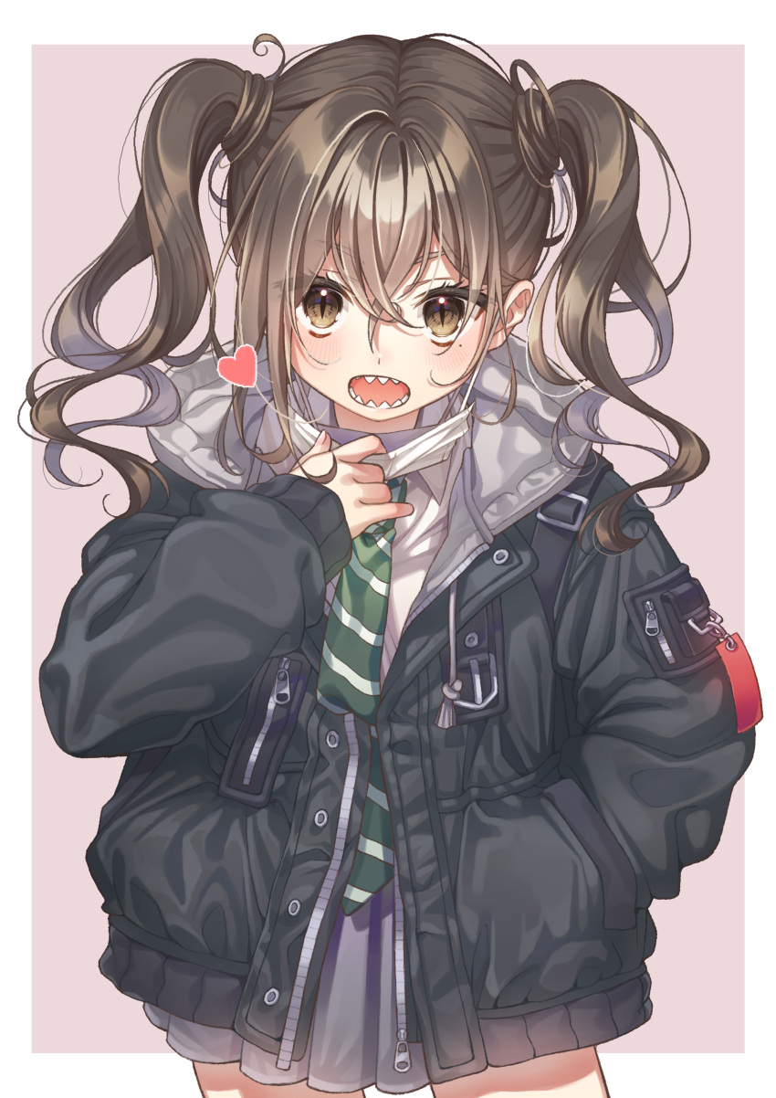 1girl :o absurdres bangs black_jacket black_skirt blush brown_eyes brown_hair collared_shirt cowboy_shot eyebrows_visible_through_hair green_neckwear hair_between_eyes heart highres hood hood_down hooded_jacket idolmaster idolmaster_cinderella_girls jacket je35353577 long_hair long_sleeves looking_at_viewer mask_pull miniskirt mole mole_under_eye necktie open_clothes open_jacket open_mouth pleated_skirt sanpaku sharp_teeth shirt sidelocks skirt sleeves_past_wrists slit_pupils solo spoken_heart standing striped striped_neckwear sunazuka_akira surgical_mask teeth twintails wavy_hair white_shirt