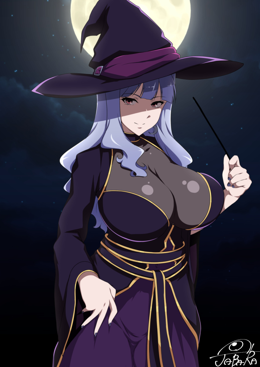 1girl bangs blunt_bangs breasts choker cleavage clouds cloudy_sky commentary dress eyebrows_visible_through_hair full_moon hair_over_shoulder hat highres holding holding_wand idolmaster idolmaster_(classic) jabara_tornado large_breasts long_hair long_sleeves looking_at_viewer moon nail_polish night night_sky pink_eyes purple_dress purple_nails see-through shaded_face shijou_takane signature silver_hair sky smile wand wide_sleeves witch_hat