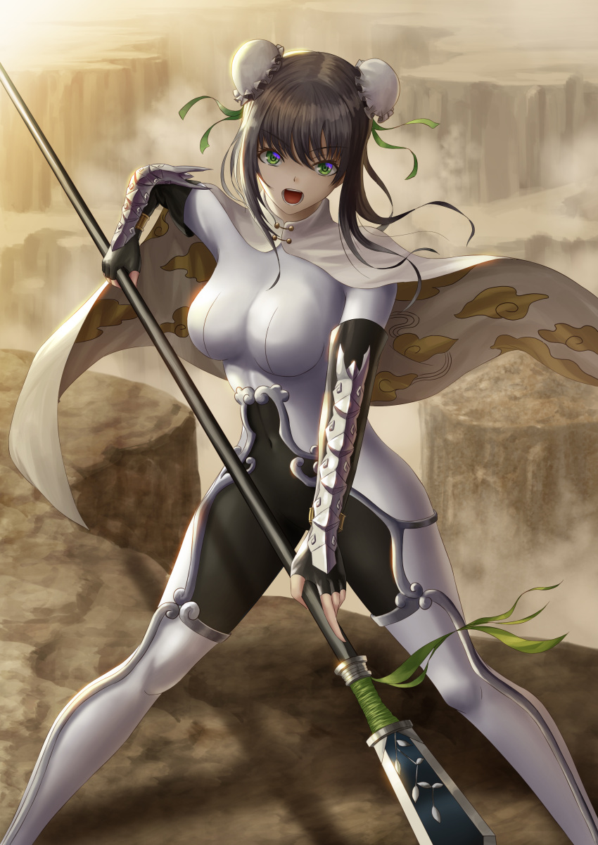 1girl absurdres black_gloves bodysuit breasts breasts_apart brown_hair covered_navel day double_bun elbow_gloves fate/grand_order fate_(series) fingerless_gloves floating_hair fujifuji924 gloves green_ribbon grey_eyes hair_ribbon highres holding holding_weapon large_breasts long_hair looking_at_viewer naginata open_mouth outdoors polearm qin_liangyu_(fate) ribbon shiny shiny_hair solo stance standing weapon