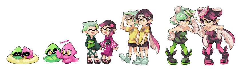 +_+ 2girls age_progression aori_(splatoon) bike_shorts flower food food_on_head gloves green_hair hair_flower hair_ornament highres hotaru_(splatoon) japanese_clothes kimono leaning_forward long_hair looking_at_viewer multiple_girls object_on_head pacifier pink_hair pointy_ears shoes short_hair short_shorts shorts simple_background smile sneakers splatoon splatoon_(series) splatoon_1 standing tentacle_hair white_background white_gloves wong_ying_chee