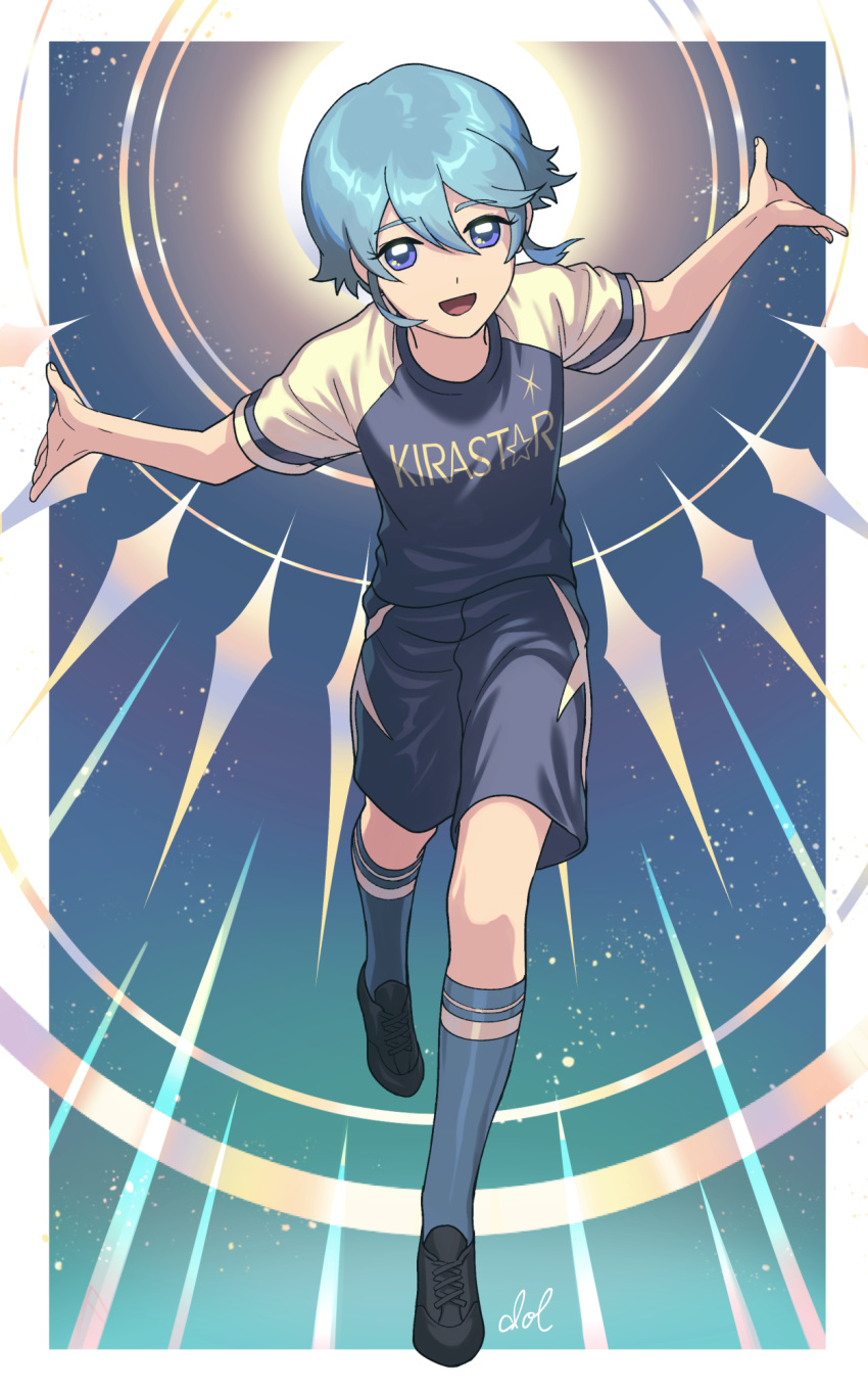 1boy angel_wings blue_eyes dolustoy eyebrows_visible_through_hair full_body hair_between_eyes highres looking_at_viewer male_focus open_mouth saotome_seiya shorts silver_hair smile soccer_uniform solo sportswear wings
