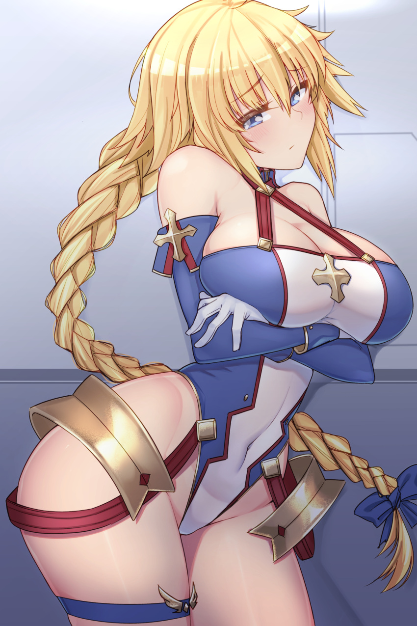 1girl blonde_hair blue_eyes bradamante_(fate/grand_order) bradamante_(fate/grand_order)_(cosplay) braid breasts cleavage closed_mouth cosplay covered_navel cowboy_shot dura fate/grand_order fate_(series) gloves highres jeanne_d'arc_(fate) jeanne_d'arc_(fate)_(all) large_breasts leotard long_hair looking_at_viewer raised_eyebrows solo standing thighlet thighs white_gloves
