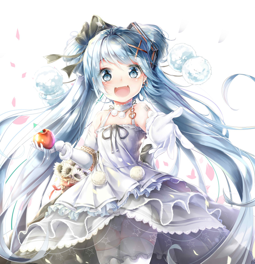 1girl absurdres apple blue_eyes blue_hair canine cowboy_shot dress earrings elbow_gloves eyebrows_visible_through_hair flower food fruit gloves hatsune_miku highres holding holding_food holding_fruit jewelry long_hair looking_at_viewer open_mouth panties pedo0201 petals solo thigh-highs twintails underwear very_long_hair vocaloid white_background white_dress white_gloves white_legwear white_panties yuki_miku