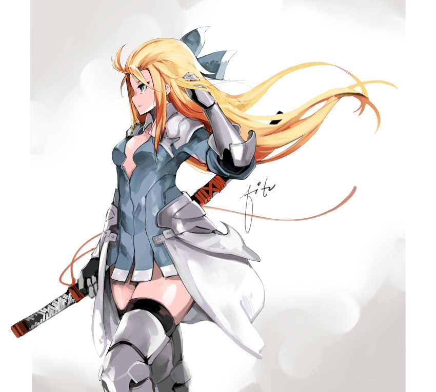 1girl absurdres arm_up armor blue_dress blue_eyes bravely_default:_flying_fairy bravely_default_(series) bravely_second:_end_layer breasts cleavage_cutout dress edea_lee fitz_(fita_is_the_smartest) gauntlets highres long_hair ribbon sheath sheathed short_hair small_breasts solo sword thigh-highs waist_cape weapon