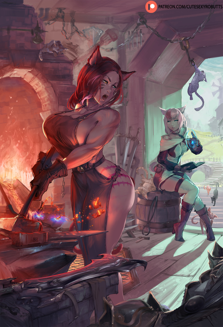 2girls animal_ears apron barrel boots breasts brown_eyes brown_hair cat cat_ears cleavage cutesexyrobutts final_fantasy final_fantasy_xiv gloves highres huge_breasts kneehighs large_breasts lips long_hair miqo'te molten_metal multiple_girls muscle open_mouth pink_hair short_hair sword thigh-highs weapon