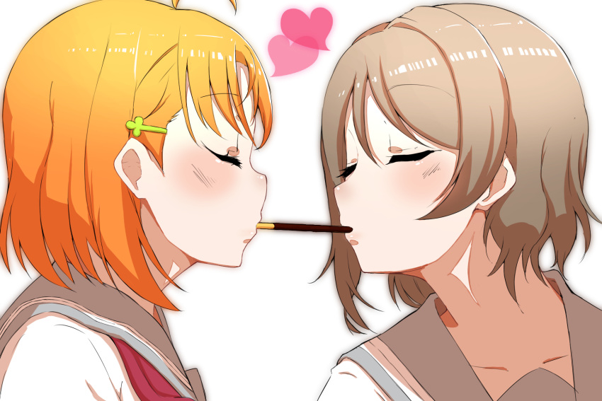 10s 2girls ahoge bangs blouse blush closed_eyes closed_mouth clover_hair_ornament commentary eyebrows_visible_through_hair facing_another food food_in_mouth grey_hair hair_ornament heart highres love_live! love_live!_sunshine!! mouth_hold multiple_girls neckerchief orange_hair pocky pocky_kiss red_neckwear restart_(asasyan060805) school_uniform serafuku shared_food short_hair simple_background takami_chika upper_body uranohoshi_school_uniform watanabe_you white_background white_blouse yuri