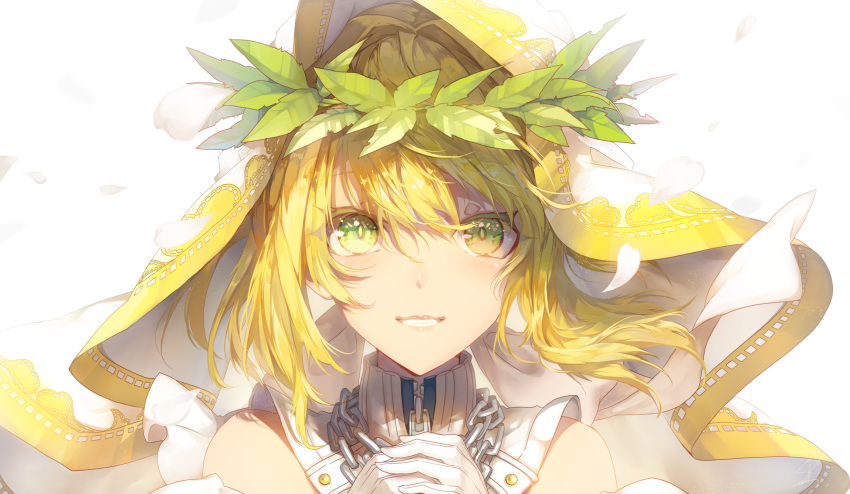 1girl bangs bare_shoulders blonde_hair chains colored_eyelashes commentary_request fate/extra fate/extra_ccc fate_(series) gloves green_eyes grin hair_between_eyes hands_clasped hands_up highres leaf looking_at_viewer nero_claudius_(bride)_(fate) nero_claudius_(fate)_(all) own_hands_together petals portrait saihate_(d3) simple_background smile solo veil white_background white_gloves