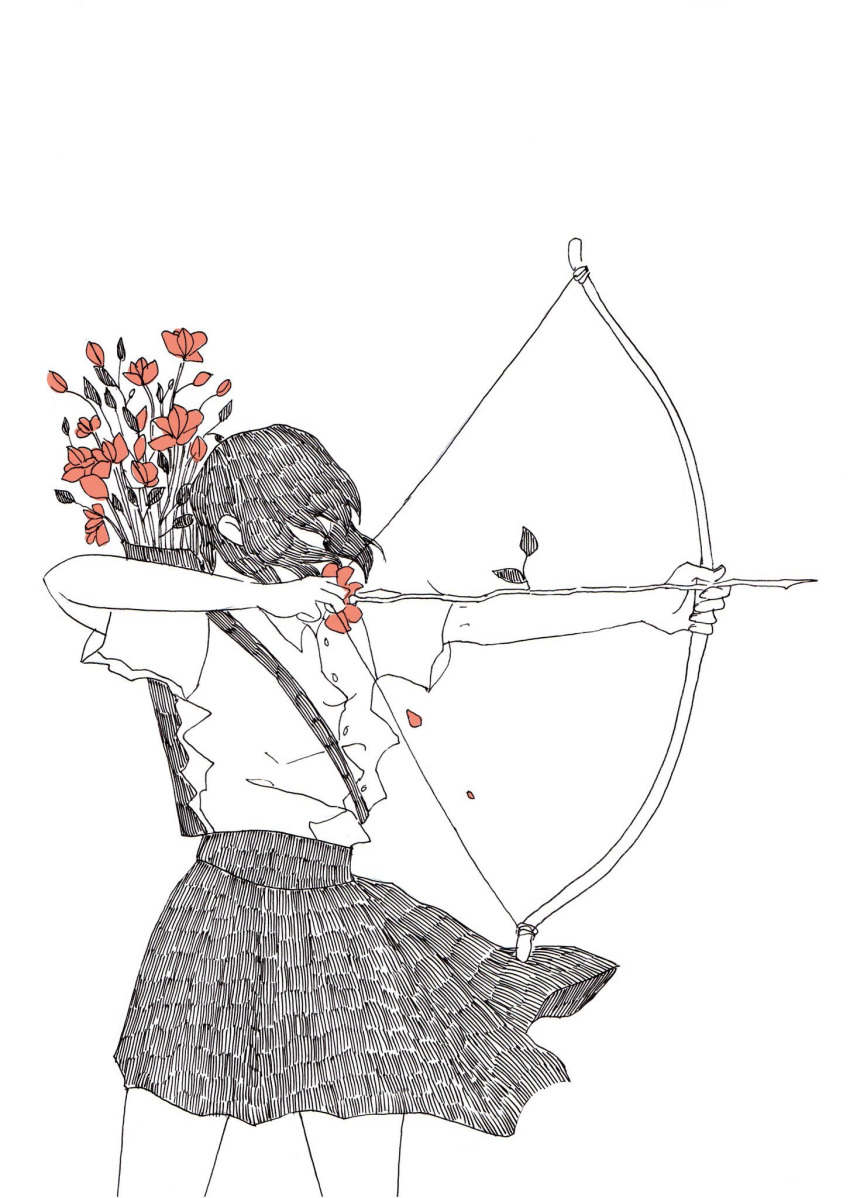 1girl arrow black_hair bow_(weapon) ceruleanwax collared_shirt covered_face drawing_bow flower highres holding holding_bow_(weapon) holding_weapon leaf limited_palette medium_hair original quiver red_flower shirt short_sleeves simple_background skirt solo weapon white_background white_shirt