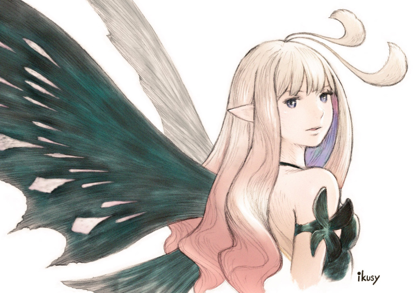 1girl anne_(bravely_second) antenna_hair black_leotard bravely_default_(series) bravely_second:_end_layer brown_eyes brown_hair expressionless fairy_wings from_behind highres ikusy leotard long_hair looking_back official_art pointy_ears sketch solo upper_body wings