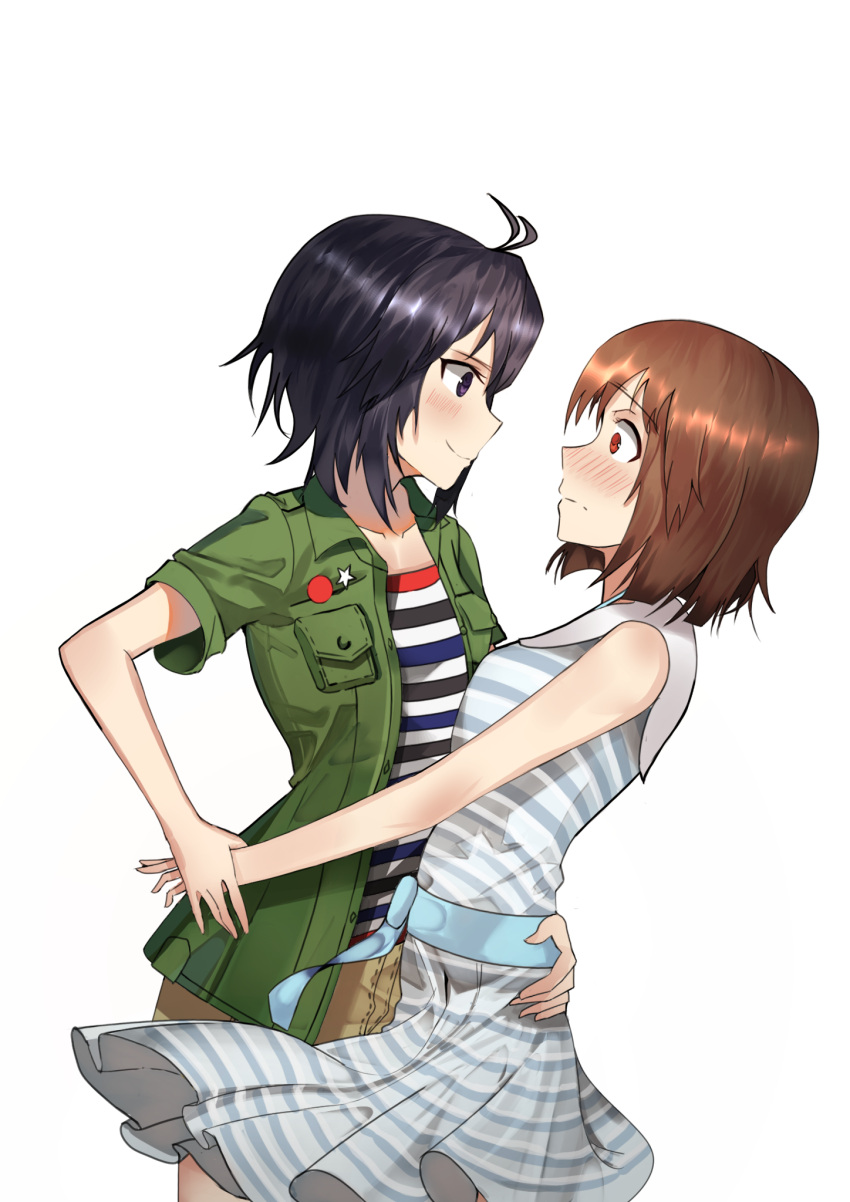 2girls ahoge black_hair blush breasts brown_hair cowboy_shot dress embarrassed eye_contact from_side frown green_jacket hagiwara_yukiho hand_on_another's_back highres idolmaster idolmaster_(classic) idolmaster_million_live! idolmaster_million_live!_theater_days jacket k1np kikuchi_makoto leaning_back looking_at_another multiple_girls nose_blush open_clothes open_jacket profile red_eyes sash shiny shiny_hair shirt short_hair shorts simple_background sleeveless sleeveless_dress small_breasts smile striped striped_dress striped_shirt violet_eyes white_background wide-eyed wrist_grab yuri